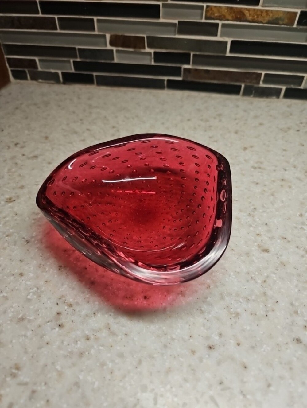 Mid Century Modern Ashtray Raspberry Rose Glass with Controlled Bubbles Original